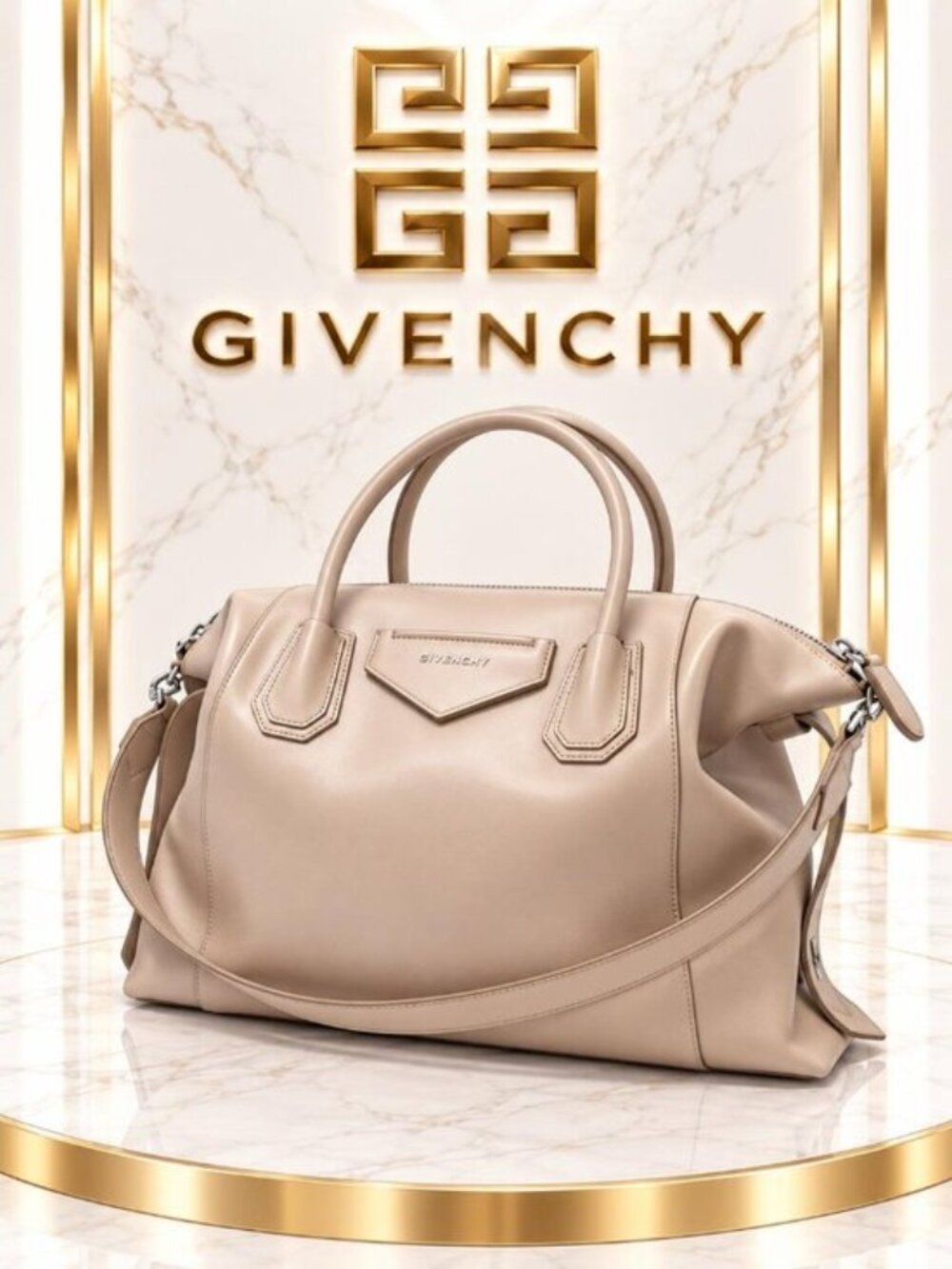 Authentic Givenchy Antigona Large Beige Leather Satchel Shoulder Bag Luxury